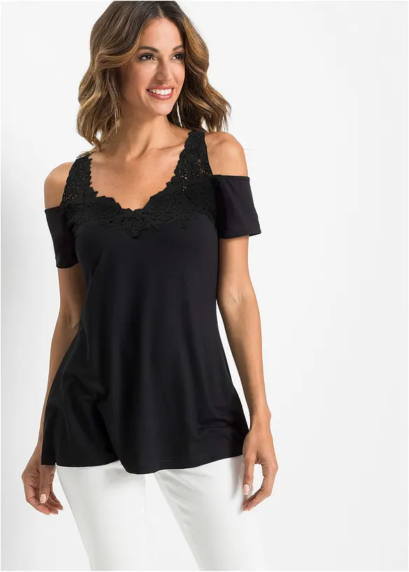 Cold-Shoulder-Shirt mit Spitze in schwarz von vorne (im Anschnitt) - bonprix