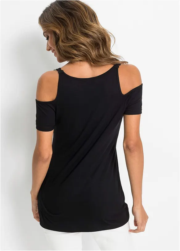 Cold-Shoulder-Shirt mit Spitze in schwarz von hinten (im Anschnitt) - bonprix