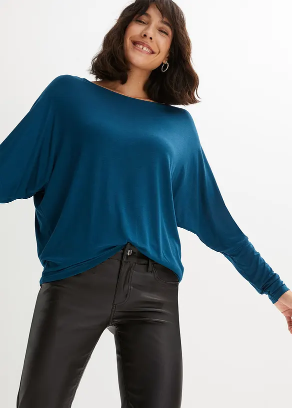 Langarmshirt aus softem Viskose-Mix in petrol von vorne (im Anschnitt) - bonprix