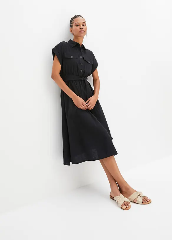 Midikleid aus reiner Baumwolle in schwarz von vorne (Totalaufnahme) - bonprix
