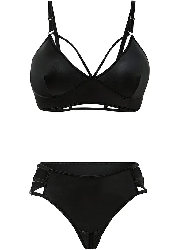 Bustier und String ouvert mit Wetlook (2-tlg.Set) in schwarz von vorne - bonprix