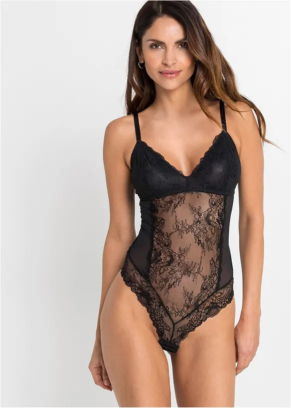 Body aus Spitze mit recyceltem Polyamid in schwarz von vorne (Totalaufnahme) - bonprix