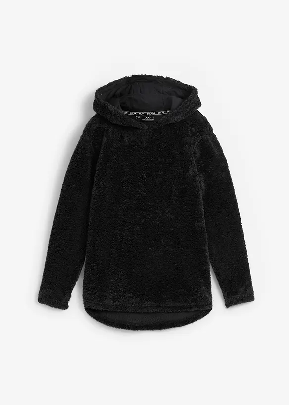 Weit geschnittener Loungewear Kuschel-Fleece Longpullover in schwarz von vorne - bonprix