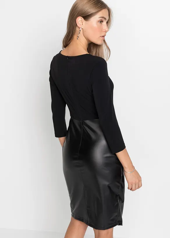 Lederimitat-Kleid mit Jersey-Oberteil in schwarz von hinten (Totalaufnahme) - bonprix