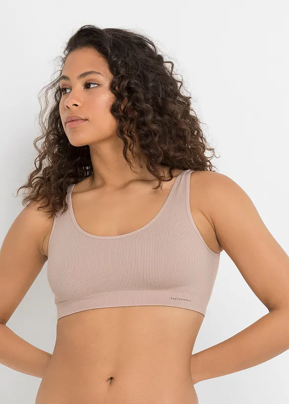 Geripptes Feel Comfort Seamless Bustier (2er Pack) in grau von vorne (im Anschnitt) - bonprix