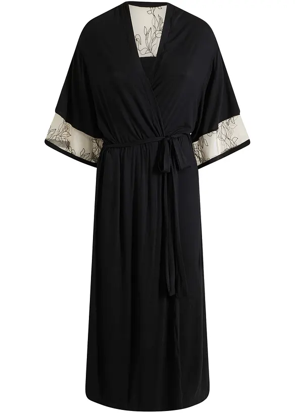 Langer Viskose Kimono mit Stickerei in schwarz von vorne - bonprix