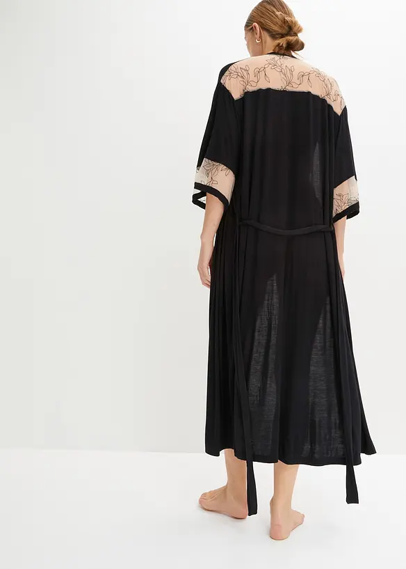 Langer Viskose Kimono mit Stickerei in schwarz von hinten (Totalaufnahme) - bonprix