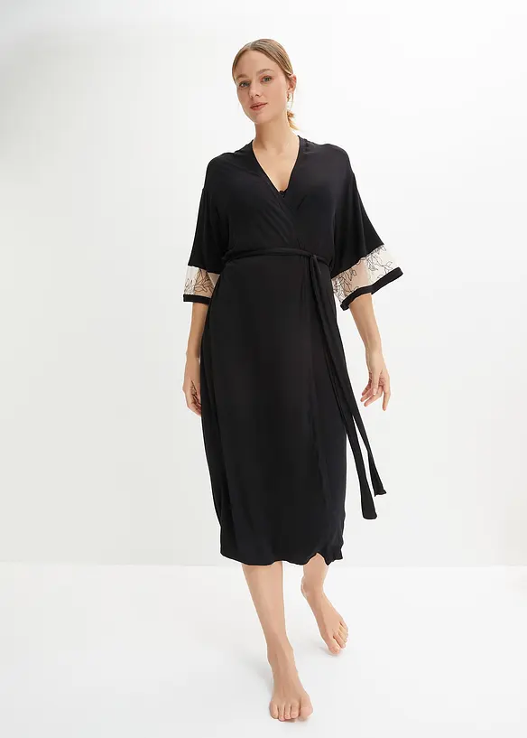 Langer Viskose Kimono mit Stickerei in schwarz von vorne (Totalaufnahme) - bonprix