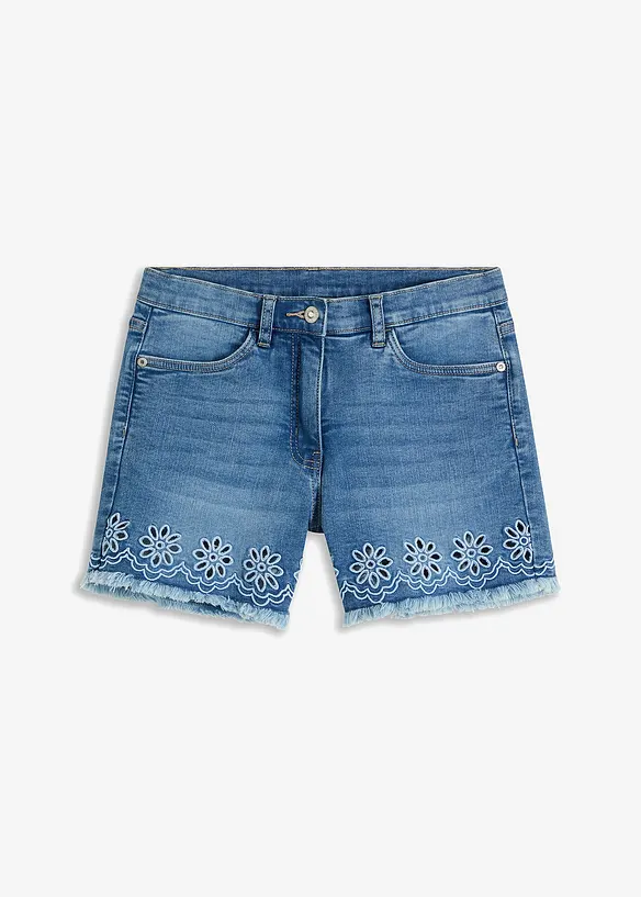 Jeans-Shorts Mid Waist, Lochstickerei in blau von vorne - bonprix