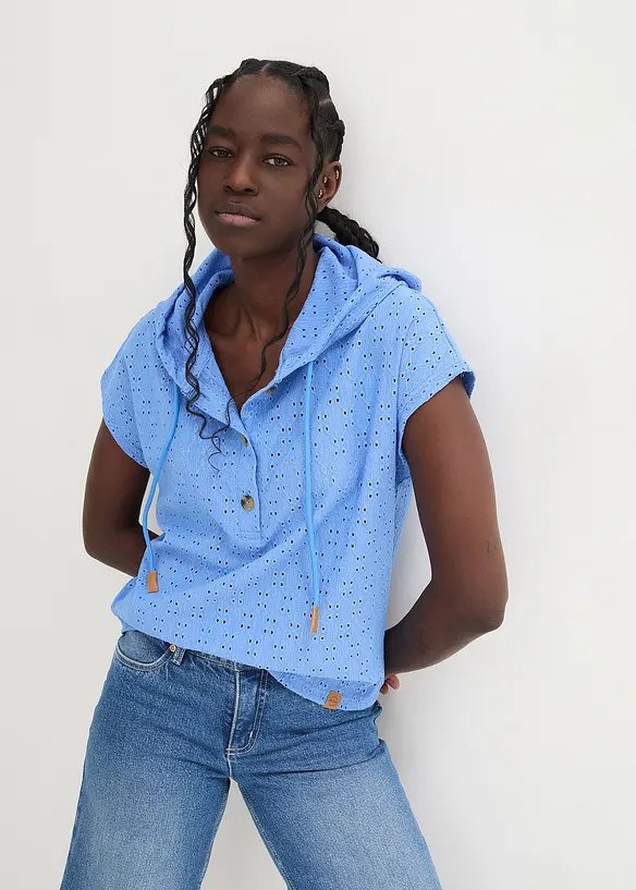 Kapuzen-Henleyshirt in blau von vorne (im Anschnitt) - bonprix