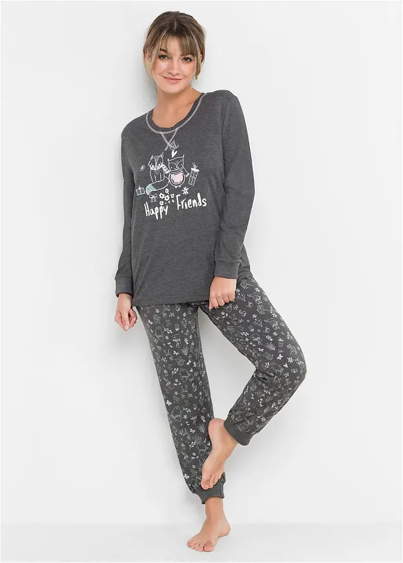 Pyjama mit Bio-Baumwolle in grau von vorne (Totalaufnahme) - bonprix