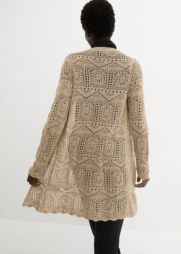 Ajour Longstrickjacke in beige von hinten (im Anschnitt) - bonprix