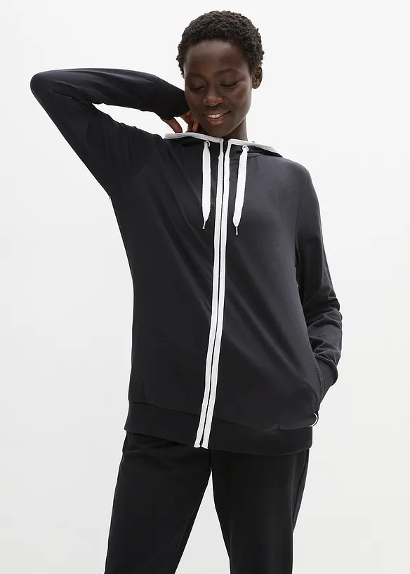 Stretch-Sweatjacke mit Baumwolle in schwarz von vorne (im Anschnitt) - bonprix