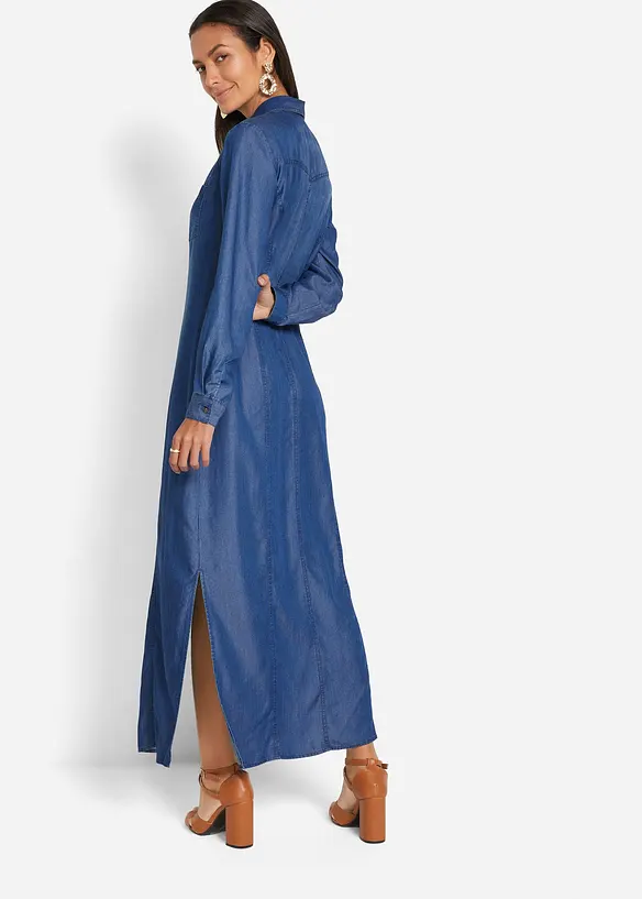 Hemdblusenkleid aus TENCEL™ Lyocell in blau von hinten (Totalaufnahme) - bonprix