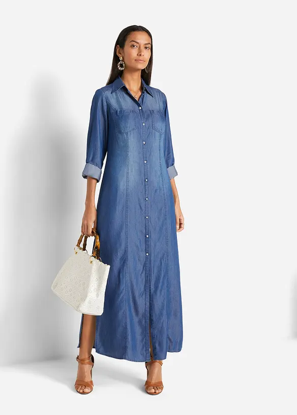 Hemdblusenkleid aus TENCEL™ Lyocell in blau von vorne (Totalaufnahme) - bonprix