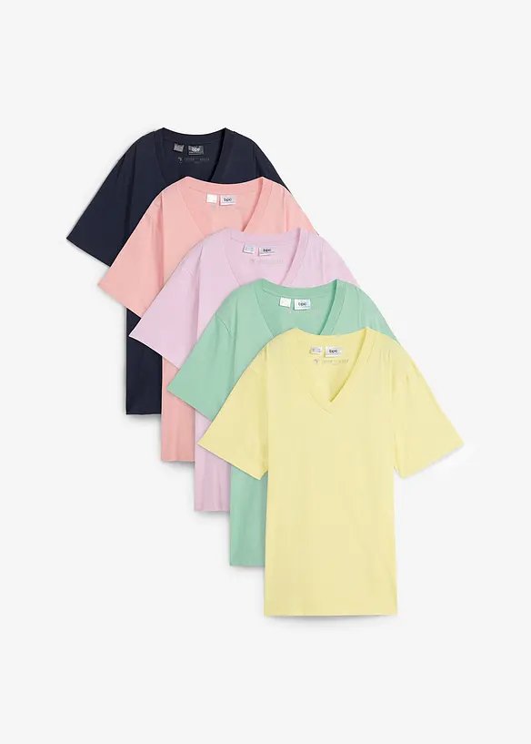 Weites Long-Shirt mit V-Ausschnitt, Kurzarm (5er Pack) in rosa von vorne - bonprix