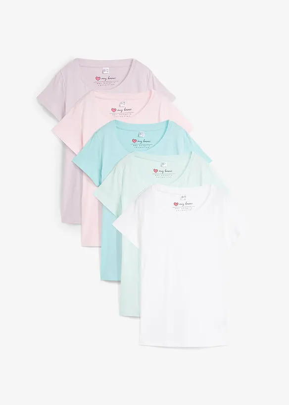 Rundhals-Shirt, Kurzarm (5er Pack) in rosa von vorne - bonprix