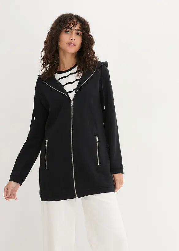 Long-Sweatjacke mit Reißverschlusstaschen in schwarz von vorne (im Anschnitt) - bonprix