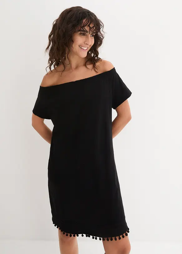 Jersey-Carmenkleid aus reiner Baumwolle in schwarz von vorne (Totalaufnahme) - bonprix