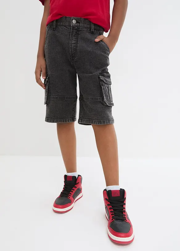 Cargo-Jeans-Bermuda mit verstellbarem Bund, Loose Fit in schwarz von vorne - bonprix