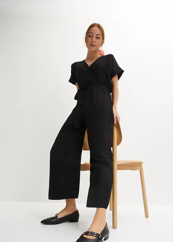 Kurzarm-Overall in schwarz von vorne (Totalaufnahme) - bonprix