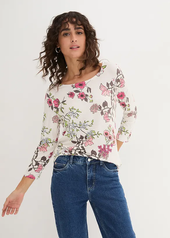 Shirt mit Blumendruck in weiß von vorne (im Anschnitt) - bonprix