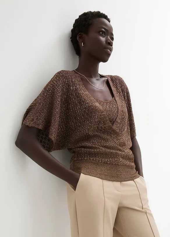 Ajour-Pullover mit Glitzereffekt in braun von vorne (im Anschnitt) - bonprix