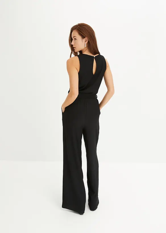 Jersey-Jumpsuit aus strukturiertem Crêpe in schwarz von hinten (Totalaufnahme) - bonprix
