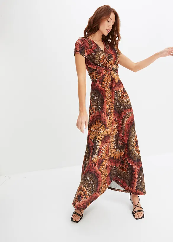 Jersey-Maxikleid mit Knotendetail in braun von vorne (Totalaufnahme) - bonprix