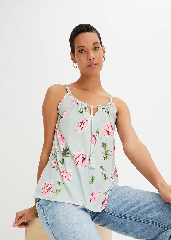 Spaghettiträger-Top aus fließendem Viskose-Mix in blau von vorne (im Anschnitt) - bonprix