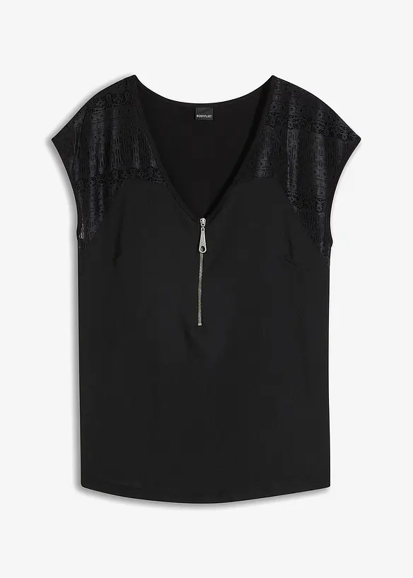 Shirt mit Spitzeneinsatz in schwarz von vorne - BODYFLIRT