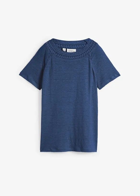 Shirt aus reinem Leinen mit Spitze in blau von vorne - bonprix