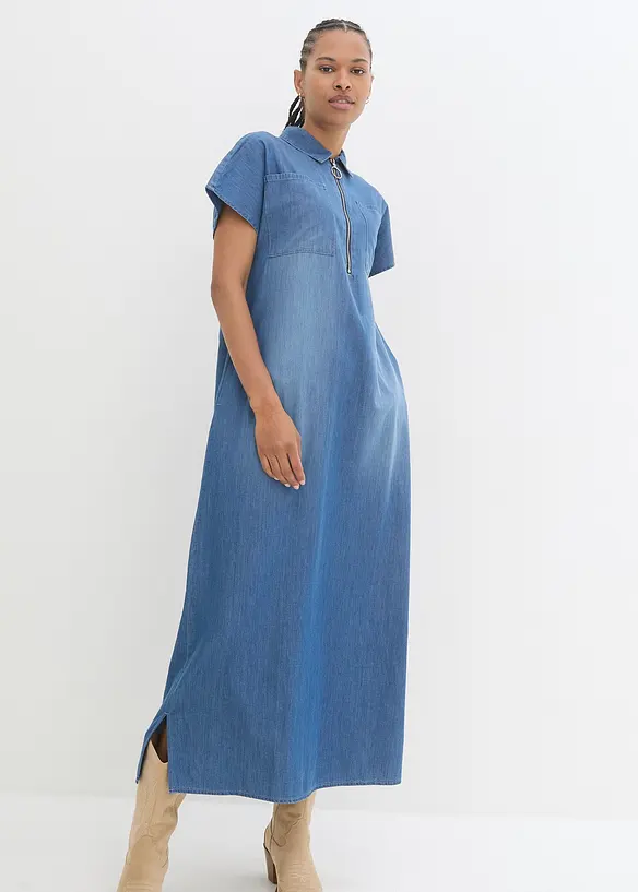 Maxi-Jeanskleid aus reiner Bio-Baumwole in blau von vorne (Totalaufnahme) - bonprix