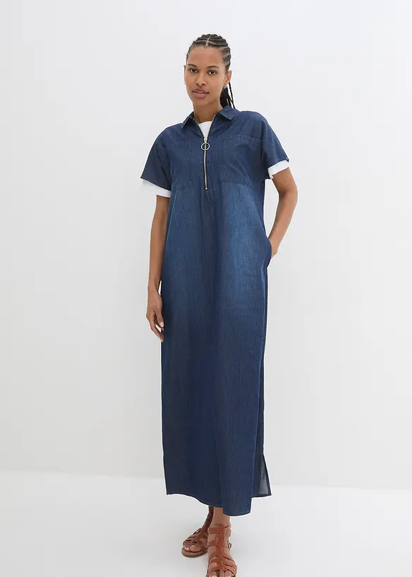 Maxi-Jeanskleid aus reiner Bio-Baumwole in blau von vorne (Totalaufnahme) - bonprix