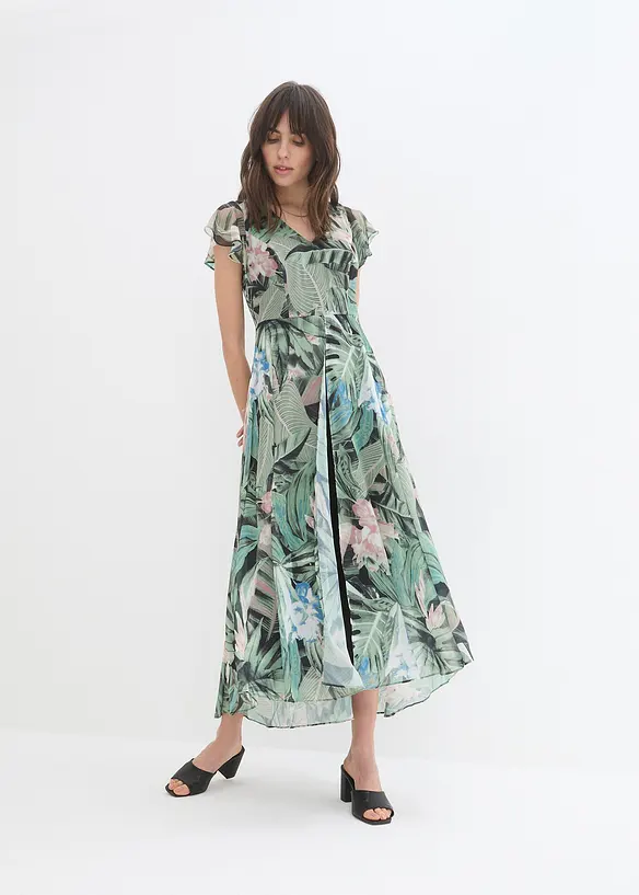Jumpsuit mit Chiffon-Überwurf in grün von vorne (Totalaufnahme) - bonprix