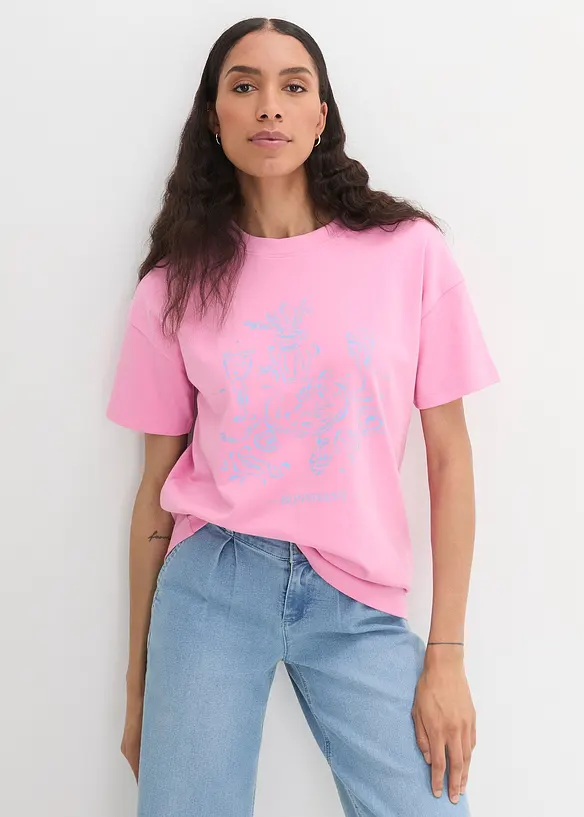 Oversized T-Shirt aus Bio-Baumwolle in rosa von vorne (im Anschnitt) - bonprix