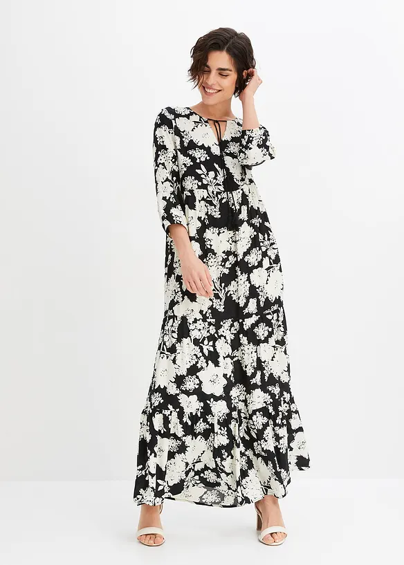 Maxikleid aus fließender Viskose in schwarz von vorne (Totalaufnahme) - bonprix