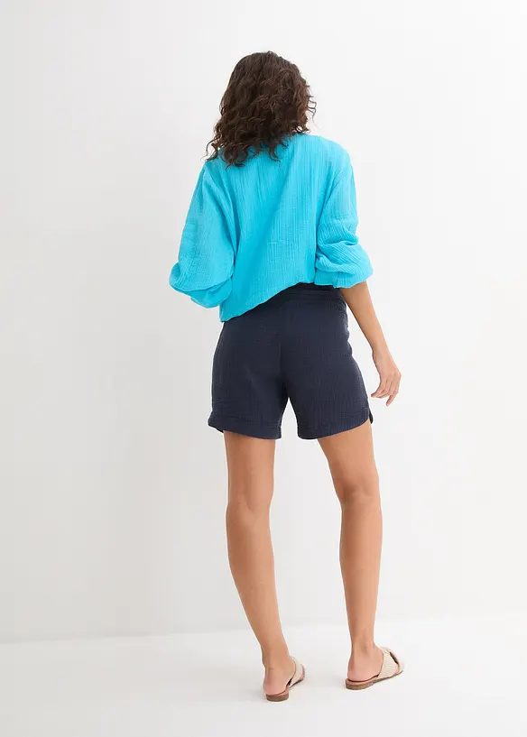 Umstandsshorts aus reinem Baumwoll-Musselin in blau von hinten - bonprix