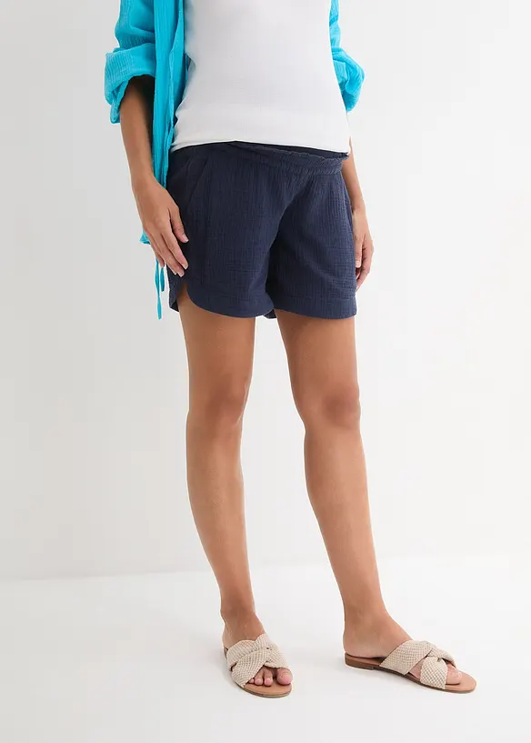 Umstandsshorts aus reinem Baumwoll-Musselin in blau von vorne - bonprix