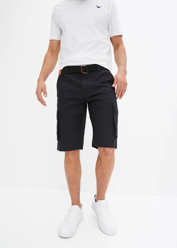 Cargo-Bermuda mit Dehnbund und Gürtel in Regular Fit in schwarz von vorne - bonprix