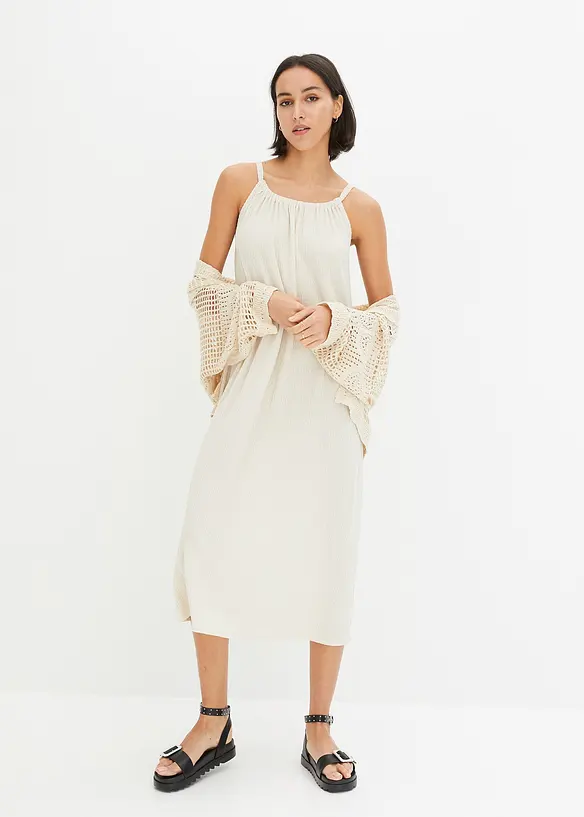 Trägerkleid aus leichtem Crêpe in beige von vorne (Totalaufnahme) - bonprix