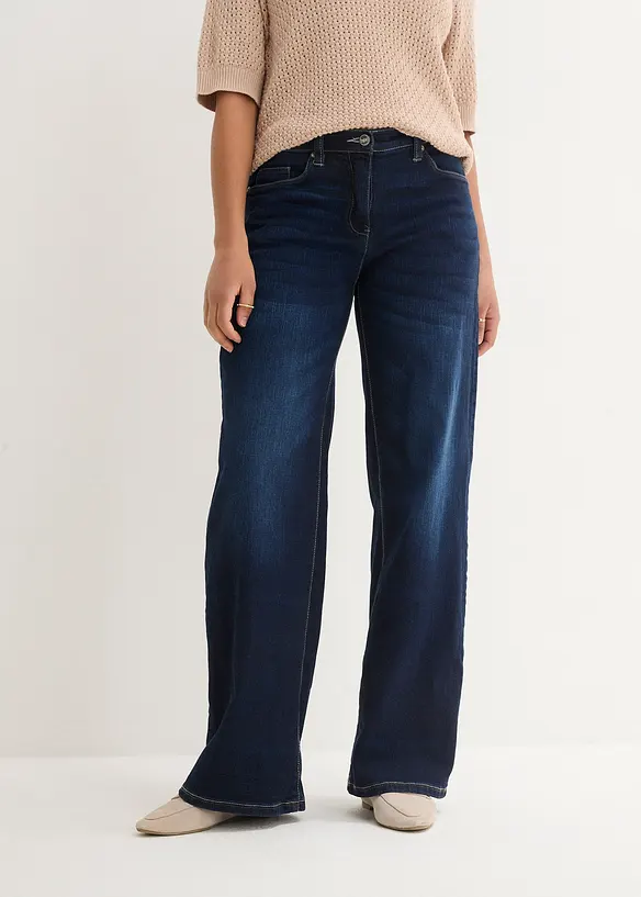 Wide-Leg-Jeans Mid Waist, Bequembund in blau von vorne - bonprix
