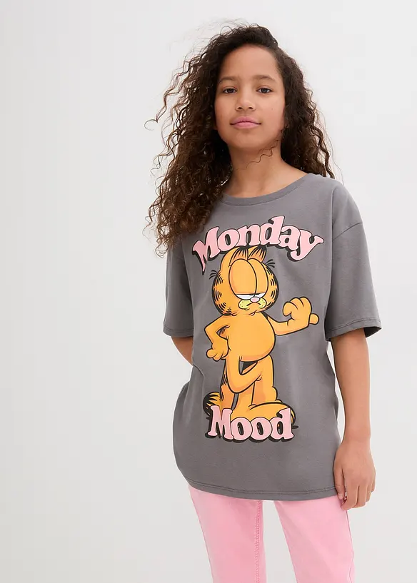 Garfield T-Shirt aus reiner Baumwolle in grau von vorne (im Anschnitt) - Garfield