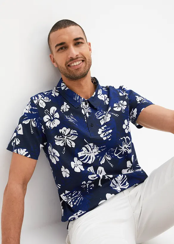 Jersey-Poloshirt aus reiner Bio-Baumwolle in blau von vorne (im Anschnitt) - bonprix