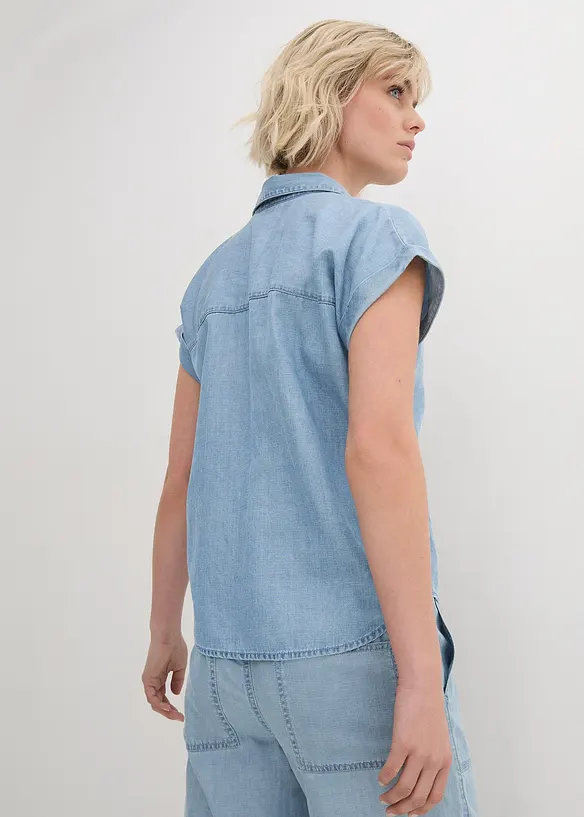 Jeans-Kurzarmbluse mit Leinen in blau von hinten (im Anschnitt) - bonprix Jeans-Kurzarmbluse mit Leinen in blau von hinten (im Anschnitt) - bonprix