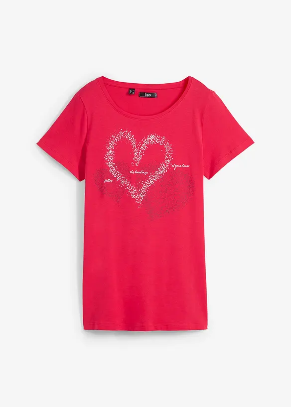 Shirt mit Herzdruck aus Bio-Baumwolle, kurzarm in rot von vorne - bonprix