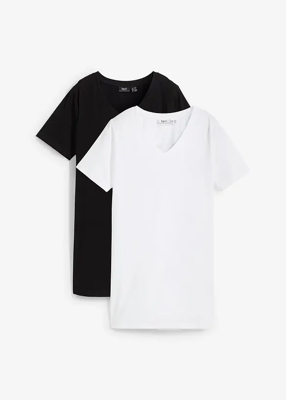 Basic Long-Shirt mit V-Ausschnitt und Kurzarm, 2er Pack in schwarz von vorne - bonprix