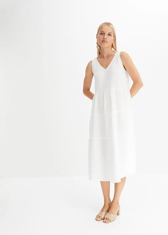 Musselin-Kleid aus reiner Baumwolle in weiß von vorne (Totalaufnahme) - bonprix Musselin-Kleid aus reiner Baumwolle in weiß von vorne (Totalaufnahme) - bonprix