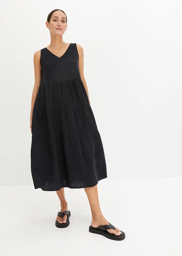 Musselin-Kleid aus reiner Baumwolle in schwarz von vorne (Totalaufnahme) - bonprix Musselin-Kleid aus reiner Baumwolle in schwarz von vorne (Totalaufnahme) - bonprix