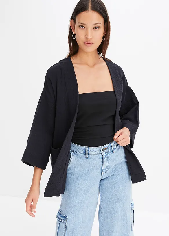 Kimono aus luftigem Musselin in schwarz von vorne (im Anschnitt) - bonprix